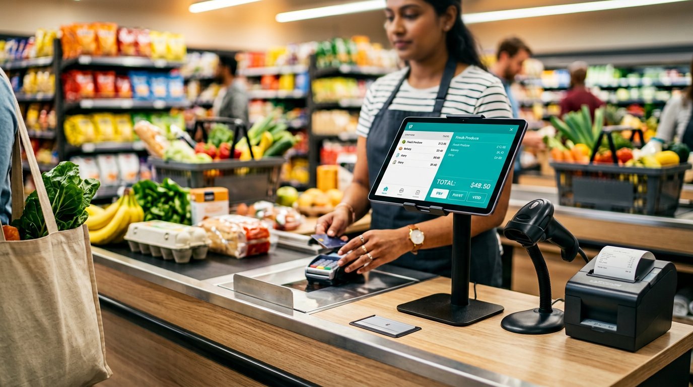 Retail POS counter with barcode scanner